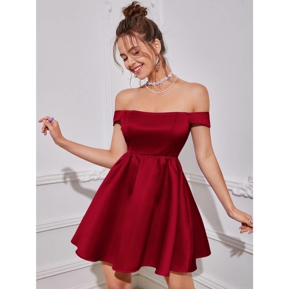 WILA Dresses & Skirts - LAST 1 ❤️ Off Shoulder Flared Hem Satin mini dress dark red